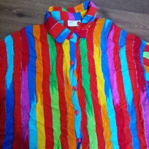 Vintage Gottex Rainbow Painted Stripe Polyester Disco Shirt Short Sleeve
